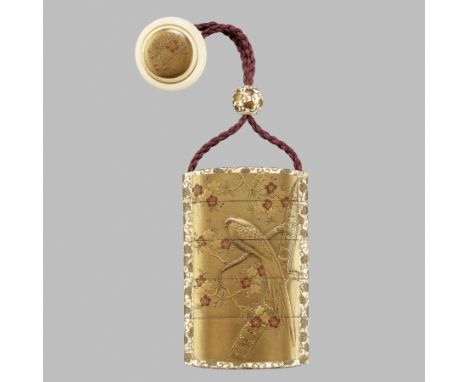 A RARE GOLD-LACQUERED IVORY FOUR-CASE INRO ENSEMBLE DEPICTING A PHEASANT AND PLOVERS AMID CHERRY BLOSSOMSJapan, late 19th cen