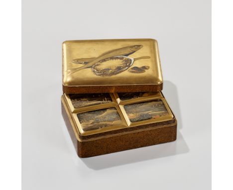 A GOLD LACQUER BOX AND COVER AND FOUR KOGO (INCENSE CONTAINERS) FOR THE INCENSE MATCHING GAMEJapan, 19th centuryOf rounded re