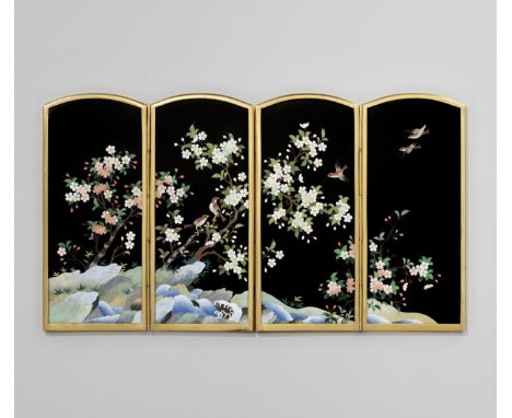 A FINE CLOISONNÃ‰ FOUR-PANEL TABLE SCREEN DEPICTING BIRDS AND FLOWERSJapan, early 20th century, Meiji period (1868-1912)The h