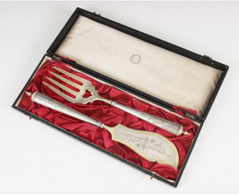 A cased Danish fish serving set by David Andersen, the tapering two-colour handles engraved with floral motifs and monogramme