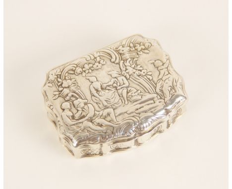 A Dutch silver coloured snuff box, of shaped rectangular form, the cover embossed with courting couples in 18th century dress