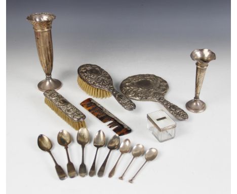 A selection of silver and silver mounted tableware and accessories, to include an Art Deco enamelled silver and cut glass dre