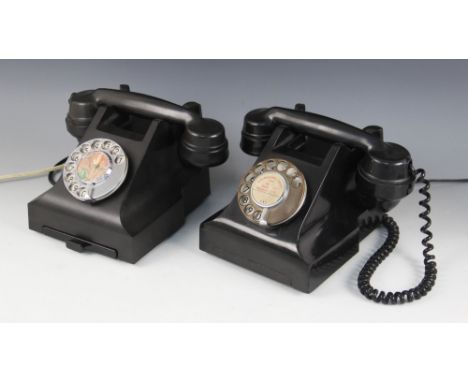 Two vintage Bakelite rotary dial telephones, one with pull-out address slide, each with modern connection cable (both unteste