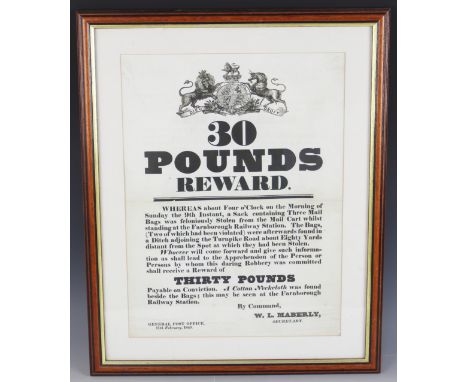 A Victorian General Post Office reward poster dated 1840, offering a £30 reward for information leading to the apprehension o