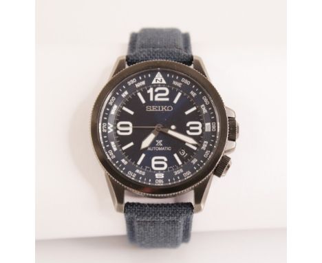 A gentleman's Seiko Prospex Land Compass Automatic wristwatch, ref. SRPC31K1, serial 870178, the circular blue dial with bato
