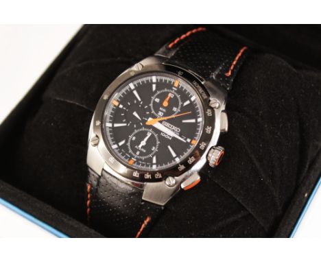 A gentleman's Seiko Sportura Chronograph quartz wristwatch, the round black dial with luminous baton markers and orange quart