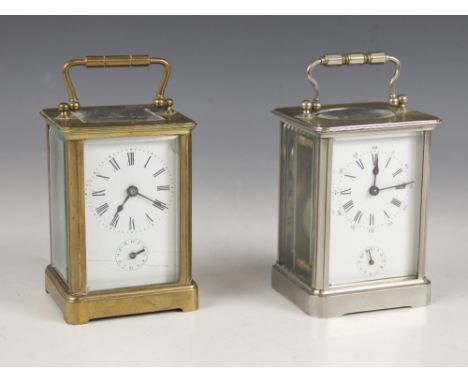 A lacquered brass carriage clock, early 20th century, the 6cm white dial applied with Roman and Arabic numerals above a subsi