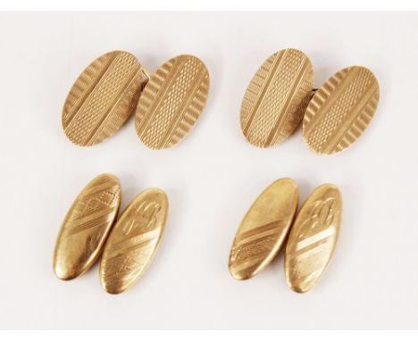 A pair of 9ct gold cufflinks, each link of oval form with engine turned detail and monogrammed initials, 20mm x 8mm, marks fo