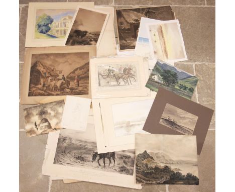 A portfolio of unframed prints, 19th century and later, containing a quantity of landscape and historical scenes, to include 