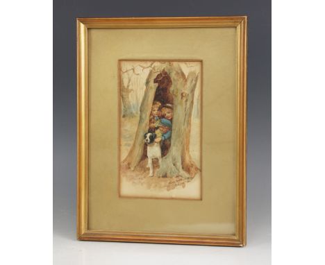 Allan Smith (English school, 20th century),Hiding!Watercolour on paper,Signed lower right,16.5cm x 10cm,Framed and glazedWith