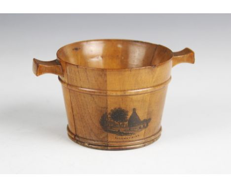 A Mauchline ware treen Quaich, of coopered cylindrical form, with a scene of 'Alloway Kirk' to one side, verso 'Memorial of B