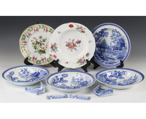 A set of four Spode blue and white transfer printed soup bowls, in the Tiber or Rome pattern, each 24.5cm wide, together with