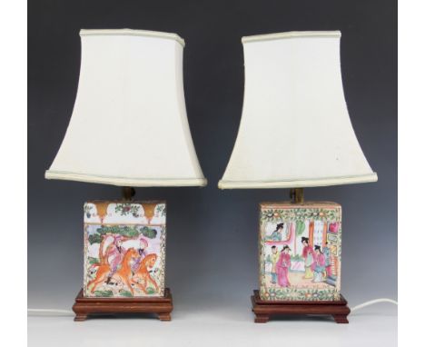 Two Chinese table lamps, early 20th century, each modelled as a flower brick with Canton famille rose decoration, one depicti