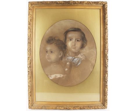 Attributed to Charles Allen Duval (British, 1808-1872),Portrait of a brother and sister,Pencil and chalk on paper,51cm x 43cm