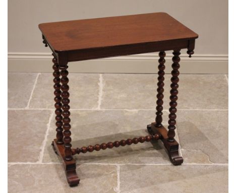 A Victorian mahogany occasional table, of cottage proportions, the rectangular top with rounded corners and pendant finials, 