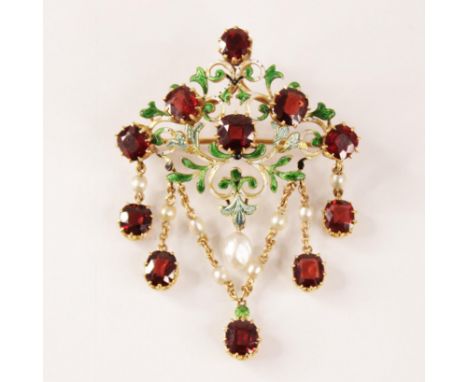 A 19th century garnet, pearl and enamel brooch pendant, in the manner of Carlo Giuliano, the scrolling foliate lozenge-shaped