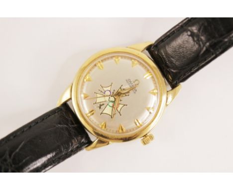 A gentleman's 18ct gold Omega Automatic wristwatch, circa. 1970, ref. 091919, the round pearlescent dial with gilt arrowhead 