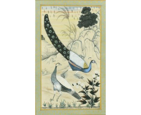 Mohanlal Soni (20th Century) Indian, 'A Pair of Peacocks', watercolour, Anthony Hepworth Fine Art, Bath, trade label verso, 1