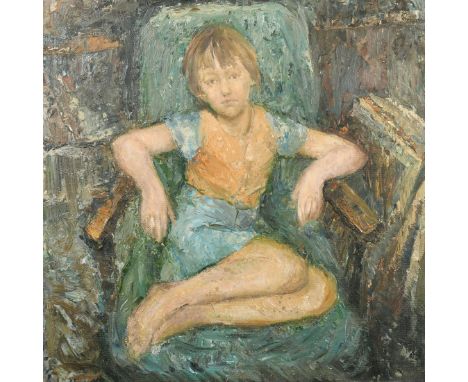 Follower of Dunlop, A young girl sitting on a chair, oil on board, 23.5" x 23.5", (60x60cm) (unframed).