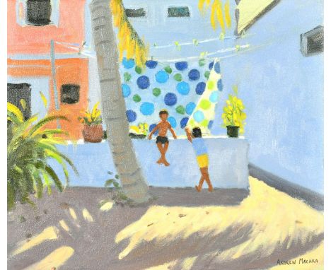 Andrew Macara (b. 1944) British, 'West Indies', children playing in a courtyard, oil on canvas, signed, 12" x 14", (30 x 36cm
