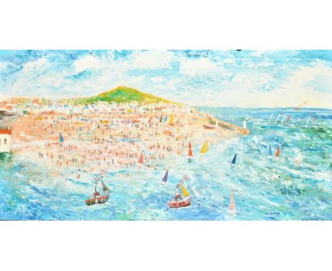 Simeon Stafford (b. 1956) British, a view of St. Ives, oil on board, signed, 24" x 48" (61 x 122cm), unframed, with a sketch 