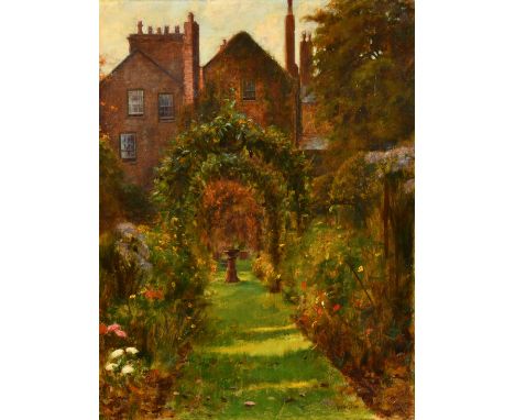John Frederick Harrison Dutton, Circa 1899, a view of a sundial in the gardens of a country house, oil on canvas, signed and 
