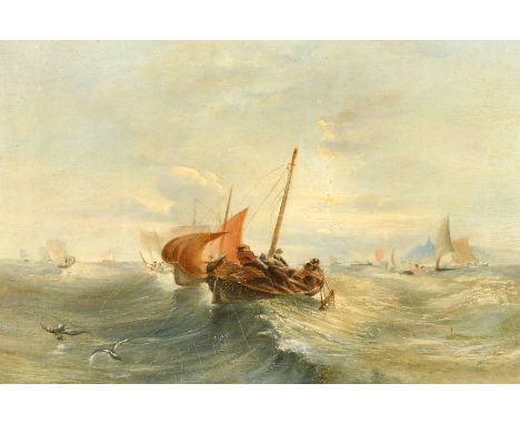 English School (19th Century), A busy seascape off the coast with sailing boats in choppy seas and sailors pulling in nets, o