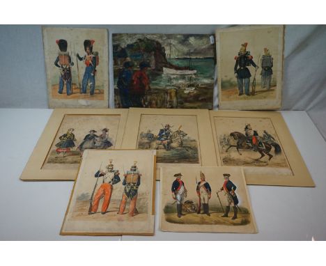 A 20th century oil on board two figures watching a boat from shore and a quantity of unframed military naval prints. 