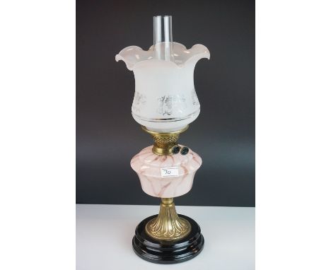 Late 19th / Early 20th century Brass Oil Lamp with pink mottled glass well, etched fluted glass shade and chimney, 59cms high