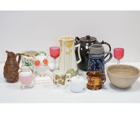 Mixed Lot of Ceramics including Minton Secessionist Jug (a/f), Large Studio Pottery Teapot, other Studio Pottery, 19th centur