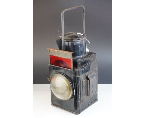 BR (British Rail) Railway Double Bullseye Lamp with red slide, 1940's, 46cms high (to top of handle) 