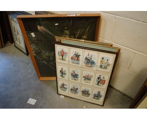 A group of framed prints to include Cuneo steam print, floral and military etc. 