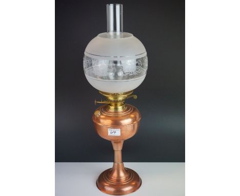 Late 19th century Copper Oil Lamp with etched bulbous glass shade and chimney, 62cms high 