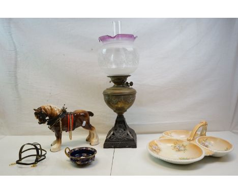 A vintage brass effect oil lamp with shade and chimney,  an hors d'oeuvres triple dish, ceramic shire horse etc. 