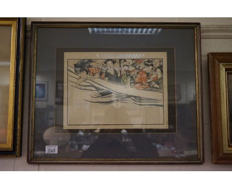 Framed Japanese Woodblock Portrait of Figures in a crowded boat on a river 