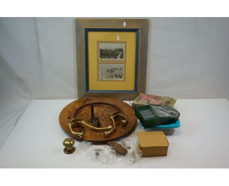 Mixed lot including Burr Oak treen Dish, two framed monochrome photos of Rhyl, brass coat hooks, stone axe head, etc 