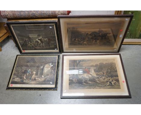 A pair of 19th century Moorland style equestrian engravings together with a pair of oak framed hunting prints. 