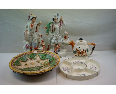 A pair of 19th century Staffordshire Flatback, a tin glazed bowl (a/f, Poole Pottery Hors d'oeuvres dish and a Hunting Teapot