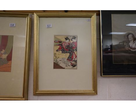 Framed Japanese Woodblock Portrait of Two Geishas and Cockerels in foreground 