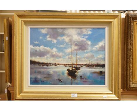 ' Moorings in Poole Harbour ' by Norman Smith, Oil Painting, Gilt Framed 