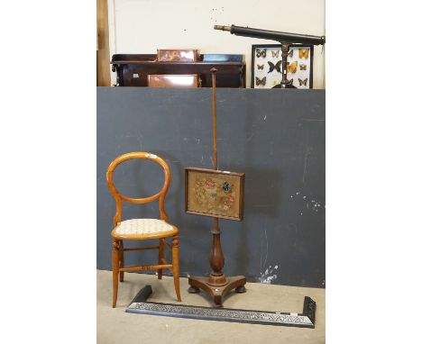 William IV Mahogany Pole Screen together with a Bedroom Chair and a Wrought Iron Fire Fender 