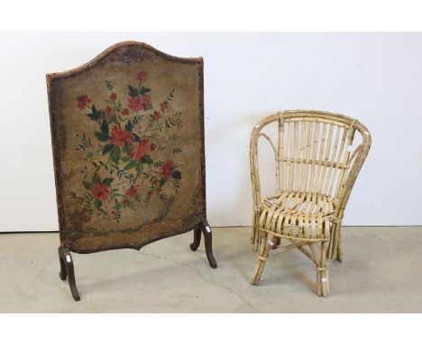 Wooden Firescreen with a Studded Leather Panel decorated with Flowers, 95cms high x 61cms wide together with a Child's Wicker