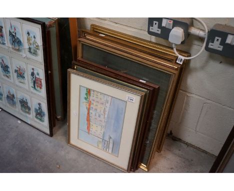 Four framed Asian prints of dancers in costume together with three other prints and a contemporary watercolour of a harbour s