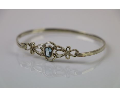 Silver Bangle with central aquamarine 