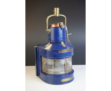 Birmingham Engineering Company Ltd Admiralty Masthead Pattern 25A Ships Lamp, Blue finish, 1938, 41cms high  (to top of handl