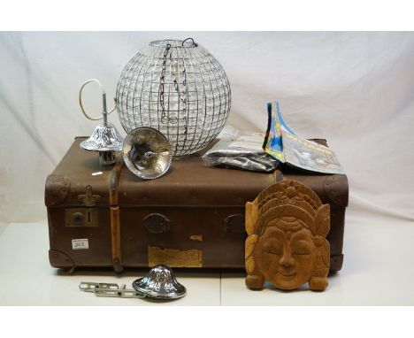 A wooden bound early 20th century suitcase, a ceiling light and a quantity of sundries to include Wham booklet, wooden mask l