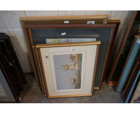 Thomas J Lloyd 19th century watercolour of coastal scene, signed and label to verso together with a quantity of pictures and 