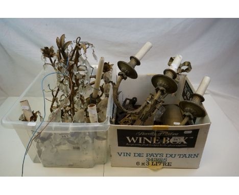 An antique gilt metal three branch wall light of classical form, a pair of similar ceiling light with glass drops together wi