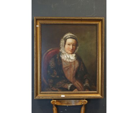 Large oil painting portrait of a Victorian lady in costume mounted in a gilt coloured frame 76 x 63 cm. 