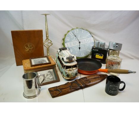 Box of Mixed Collectables including Tin Plate VW Campervan, Cigar Boxes, Pewter Tankard, Big Ben Clock, Cameras, etc 